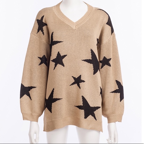 Beige Star Printed Knit Pullover Sweater - Picture 4 of 5
